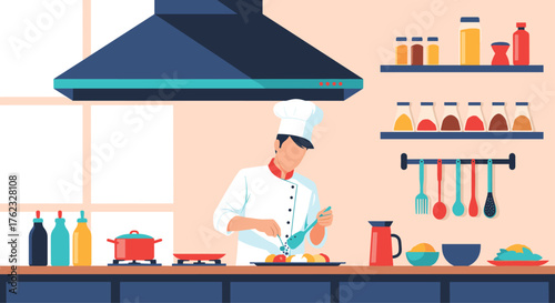 Chef preparing food in a professional kitchen setting.