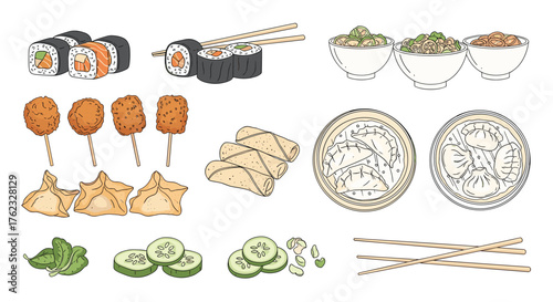 Delicious asian cuisine dishes and ingredients illustration.