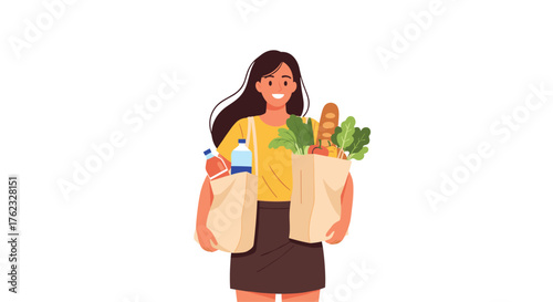 Woman carrying groceries smiling happy shopping lifestyle.