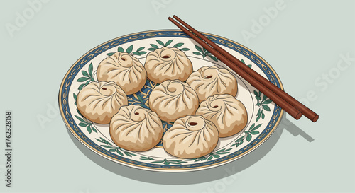 Delicious steamed dumplings on a decorative plate with chopsticks.