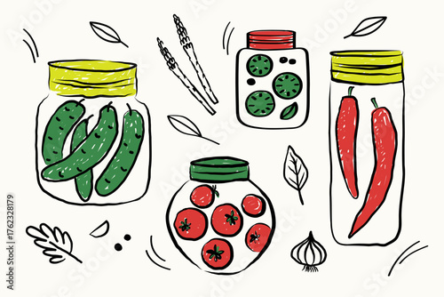 Homemade Canned colored vector illustration. Hand drawn fermented food. Sketches with vegetables, pickles, tomatoes, zucchini, garlic in glass jars. Concept with Ingredients, home cooking. Design card