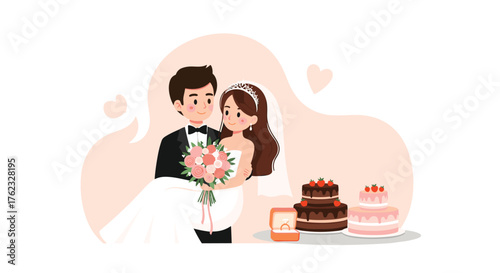 Wedding couple celebration with cakes and ring.