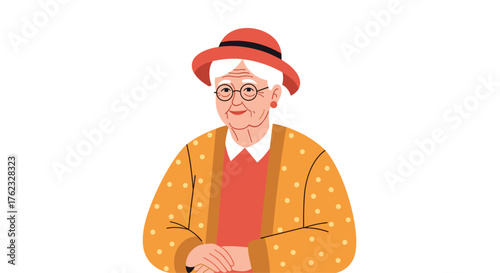 Elderly woman smiling wearing hat and glasses portrait.
