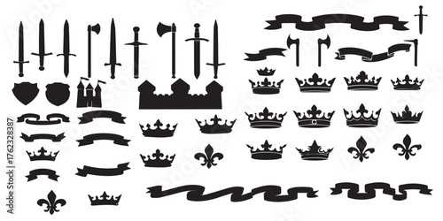 Medieval heraldry elements shields swords crowns and banners set vector