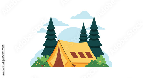 Camping adventure: tent amidst towering trees and lush greenery.