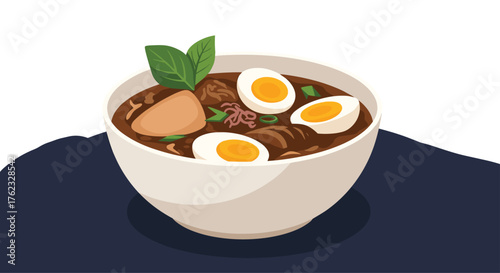 Delicious egg noodles soup with fresh herbs and eggs.