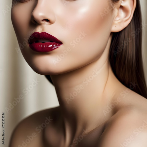 close up of half face of a woman posing with dark red lipstick