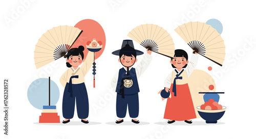 Korean traditional costume illustration with fans and decorations.