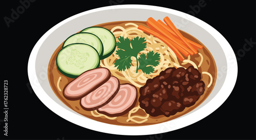Delicious asian ramen bowl with fresh vegetables and meat.