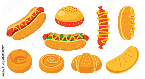 Delicious baked goods collection: hot dogs buns and pastries.