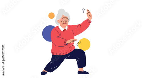 Elderly woman practicing tai chi exercise for health and wellness.