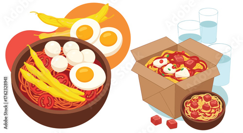 Delicious noodles and eggs food presentation in a brown bowl and box.