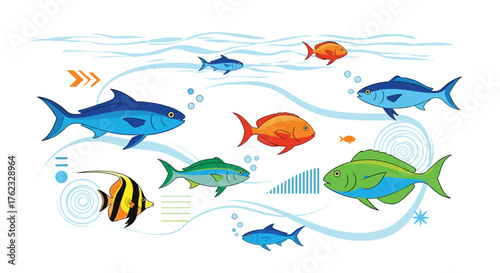 Underwater aquatic life illustration featuring various colorful fish species.