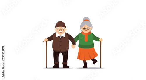 Elderly couple holding hands and walking together with canes.