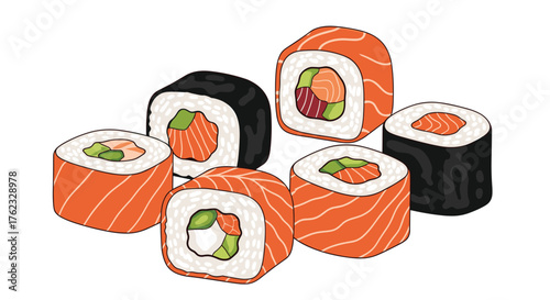 Delicious sushi rolls with fresh salmon and vegetables.