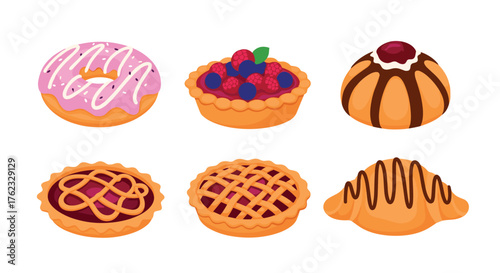 Delicious baked goods assortment: donuts tarts and pastries.