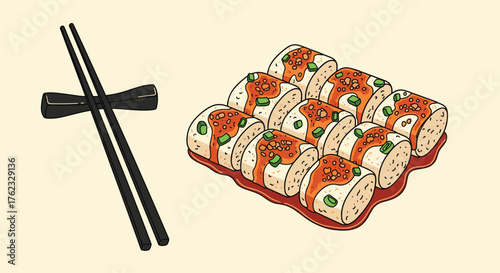 Sushi rolls and chopsticks: a culinary delight.