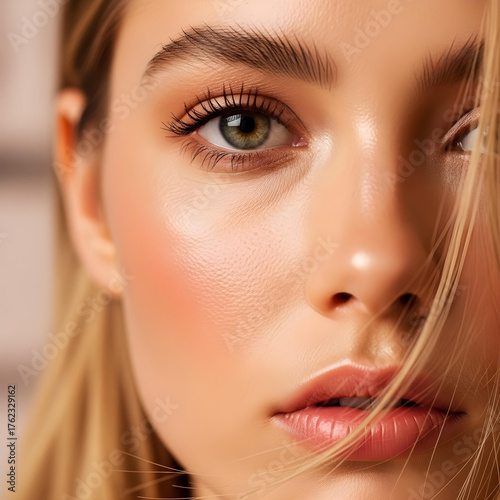 extreme close up of a blonde woman's face