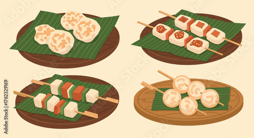 Delicious asian cuisine dishes on wooden plates.