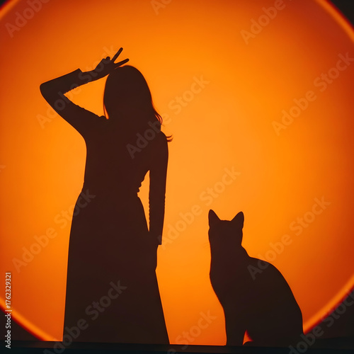silhouette of a woman and a cat on an orange light
