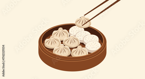 Steaming dumplings in bamboo steamer with chopsticks.