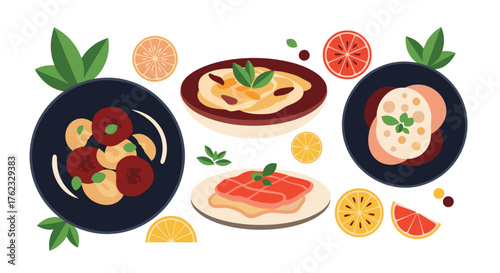 Delicious and healthy food dishes with fresh ingredients.