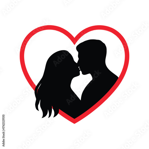 Silhouette of couple kissing inside a heart shape, romantic gesture of love and affection
