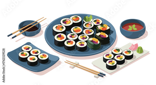 Delicious sushi rolls and appetizing japanese cuisine.