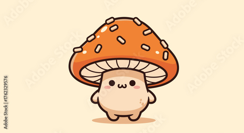 Cute mushroom cartoon character illustration on beige background.