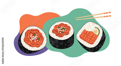 Delicious sushi rolls with various toppings on a plate.