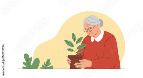 Elderly woman tending to a potted plant with care and focus.