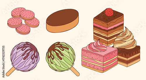 Delicious desserts collection: cakes ice cream and macarons.