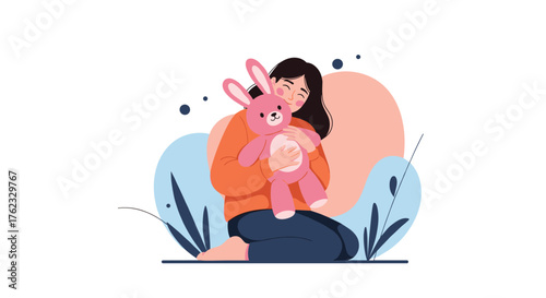 Woman embracing a pink bunny toy: a heartwarming illustration.