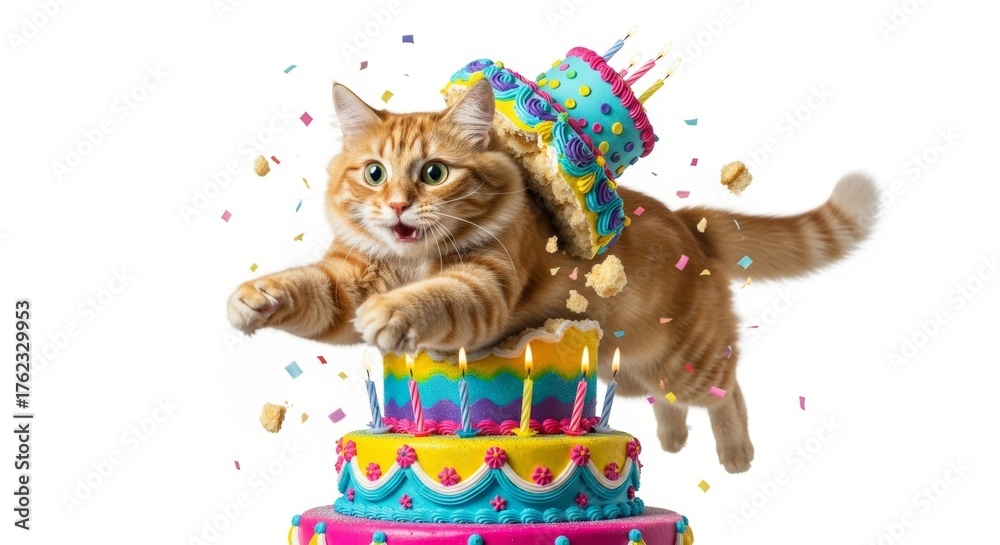 Naklejka premium cat bursting out of a birthday cake on a solid white background, dessert, celebration