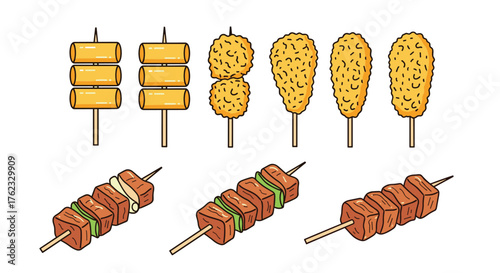 Delicious korean street food skewers and snacks illustration.