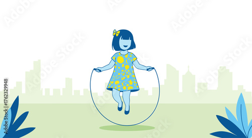 Girl jumping rope in park: playful exercise and fun.