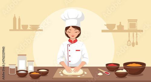 Chef kneading dough in kitchen preparing food for cooking.