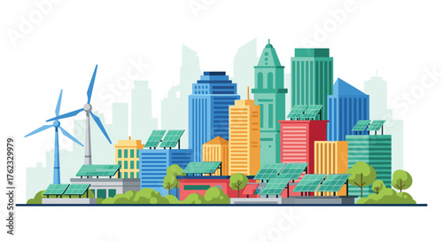 Sustainable cityscape: eco-friendly urban development and renewable energy.