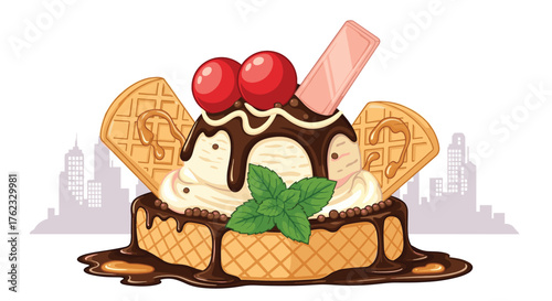 Delicious ice cream sundae dessert with waffle and cherries.