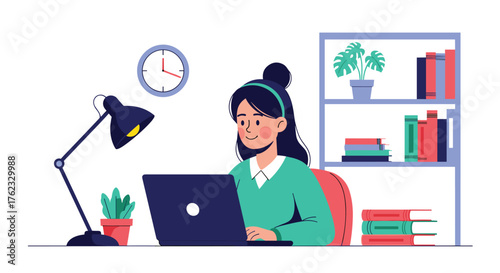Woman working on laptop at desk with lamp and clock.