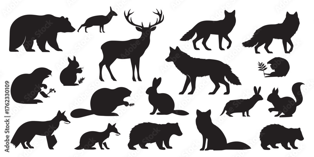 Obraz premium Collection of diverse wildlife animal silhouettes set vector