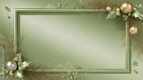 Elegant Christmas frame with gold ornaments and holly leaves festive holiday background for greeting cards and invitations isolated on green