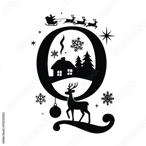 Festive Letter O with Reindeer, Snowflakes, and Christmas Spirit