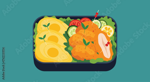 Delicious fried chicken meal with eggs and vegetables.