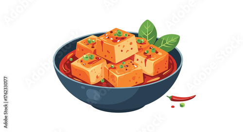 Delicious tofu dish in a bowl with chili and herbs.