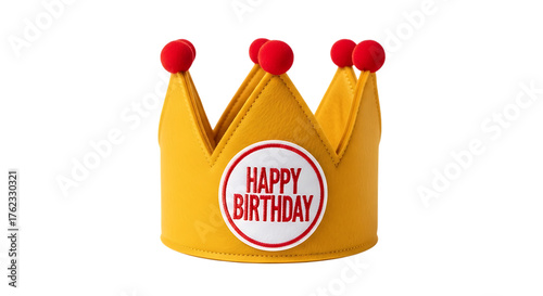 Yellow happy birthday crown with red pom poms isolated on transparent background