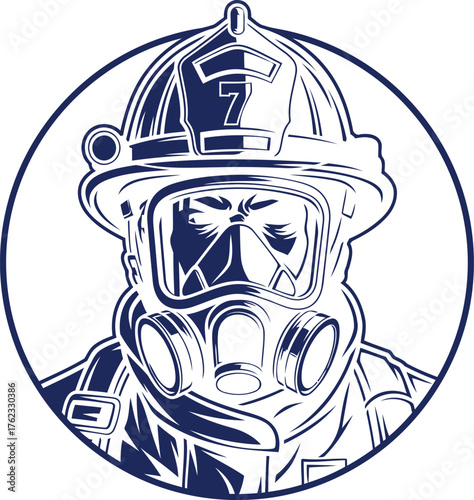 Close up profile of a determined firefighter wearing protective gear and helmet emblem
