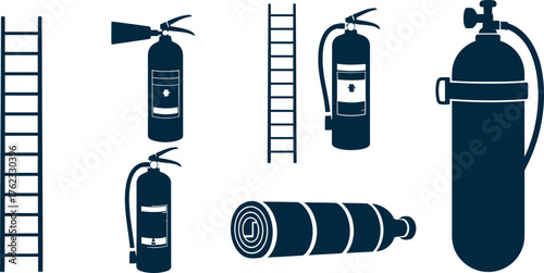 Collection of safety equipment including ladders fire extinguishers and gas cylinders for emergency preparedness