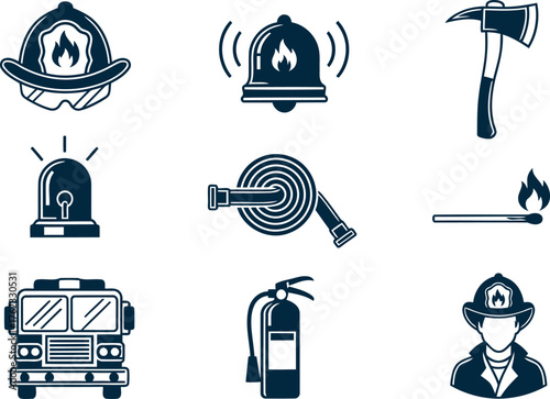 Firefighter equipment icons set showing truck helmet hose axe extinguisher alarm siren match