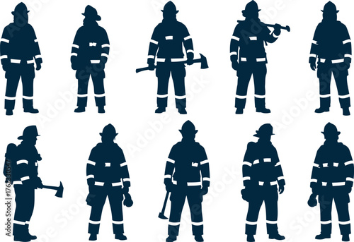 Group of ten diverse firefighters in full protective gear holding tools ready for action silhouettes